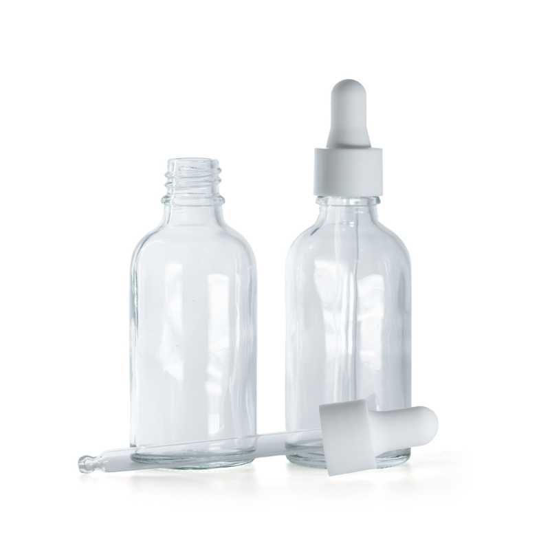 Botella de vidrio, transparente, cuentagotas liso blanco mate, 50 ml