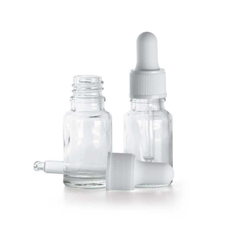 Frasco de vidrio, transparente, cuentagotas blanco mate, 10 ml