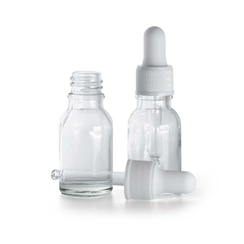 Frasco de vidrio, transparente, cuentagotas blanco mate, 15 ml
