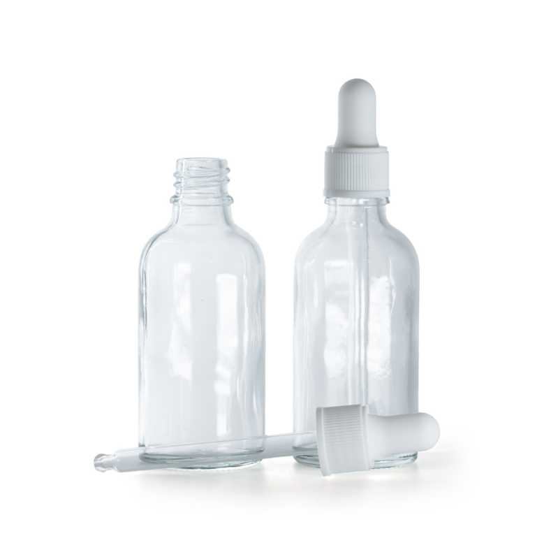 Frasco de vidrio, transparente, cuentagotas blanco mate, 30 ml