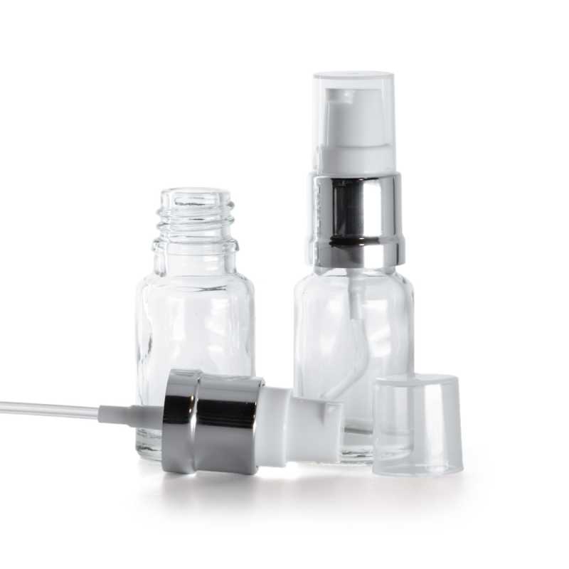Botella de vidrio, transparente, dosificador blanco plateado brillante, 10 ml