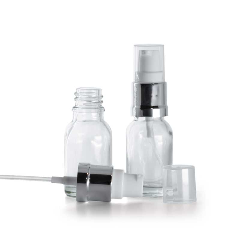 Botella de vidrio, transparente, bomba plateada blanca brillante, 15 ml