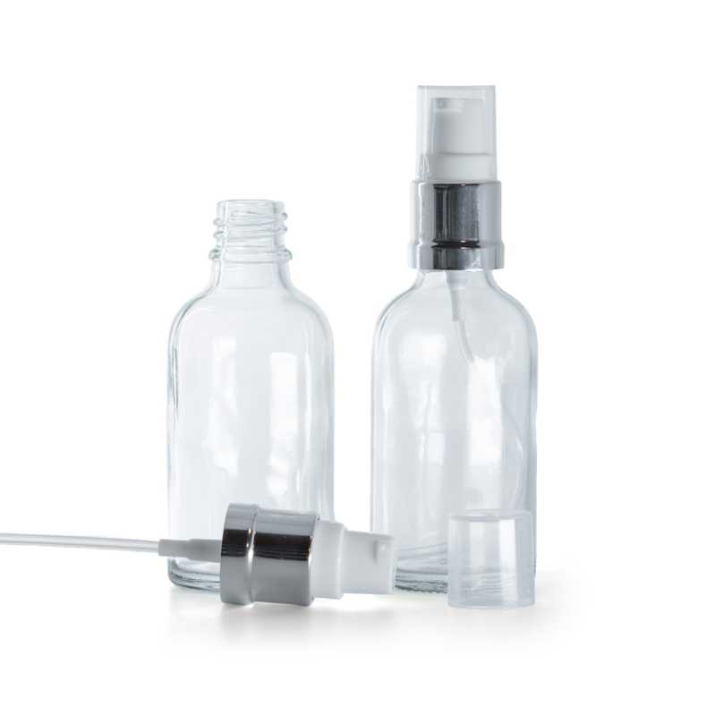 Botella de vidrio, transparente, dosificador blanco plateado brillante, 30 ml