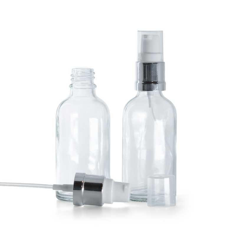 Botella de vidrio, transparente, dispensador blanco plateado brillante, 50 ml