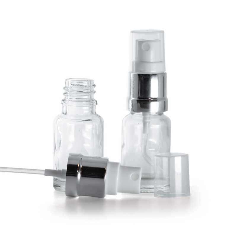 Botella de vidrio, transparente, pulverizador blanco plateado, 10 ml