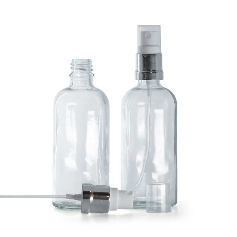 Botella de vidrio, transparente, pulverizador blanco plateado, 100 ml