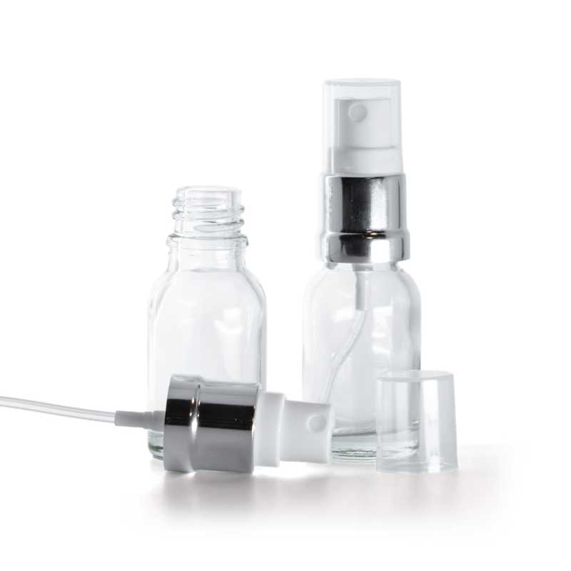 Botella de vidrio, transparente, pulverizador blanco plateado brillante, 15 ml