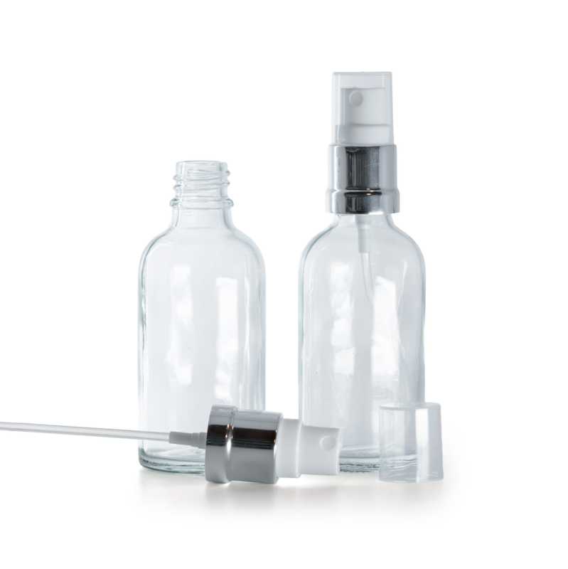 Botella de vidrio, transparente, pulverizador blanco plateado, 30 ml