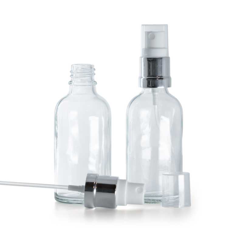 Botella de vidrio, transparente, pulverizador blanco plateado brillante, 50 ml
