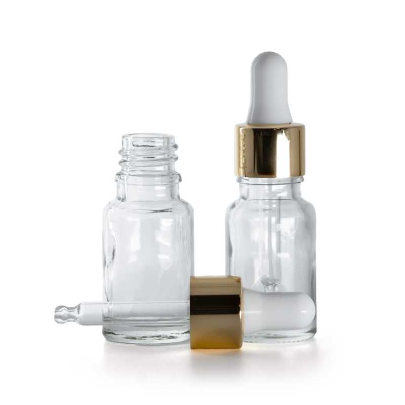 Botella de vidrio, transparente, cuentagotas blanco dorado, 10 ml