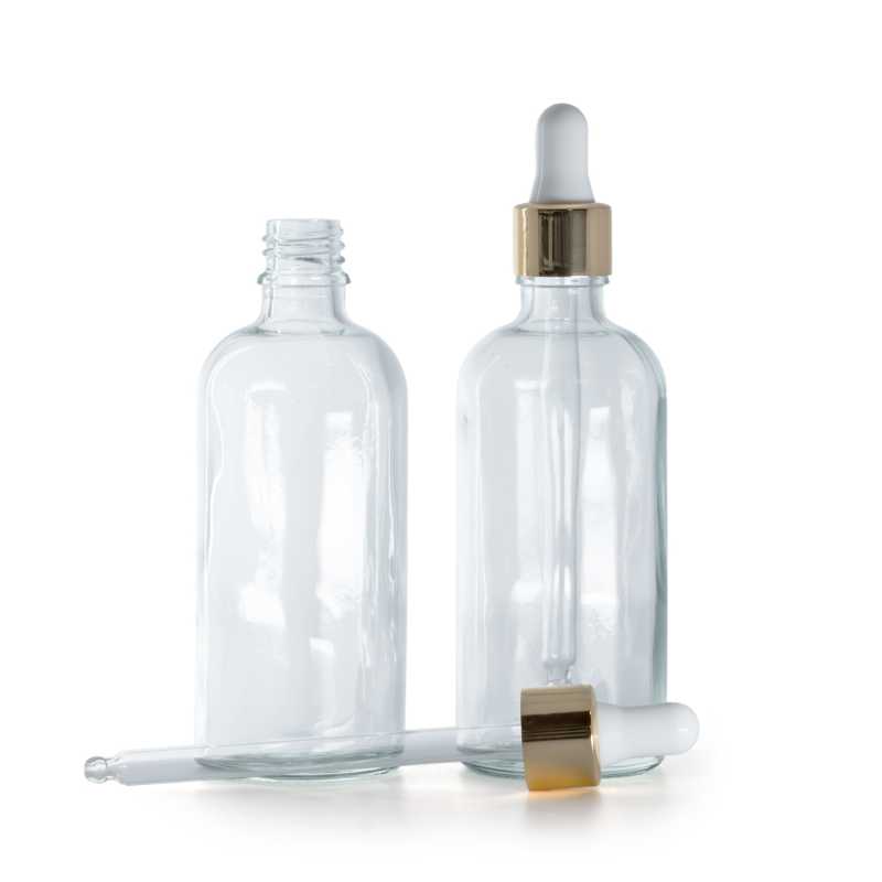 Botella, vidrio, transparente, cuentagotas blanco y dorado, 100 ml
