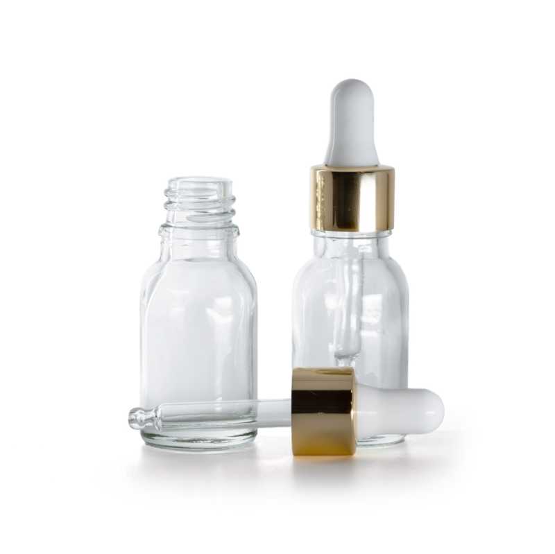 Botella de vidrio, transparente, cuentagotas blanco dorado, 15 ml