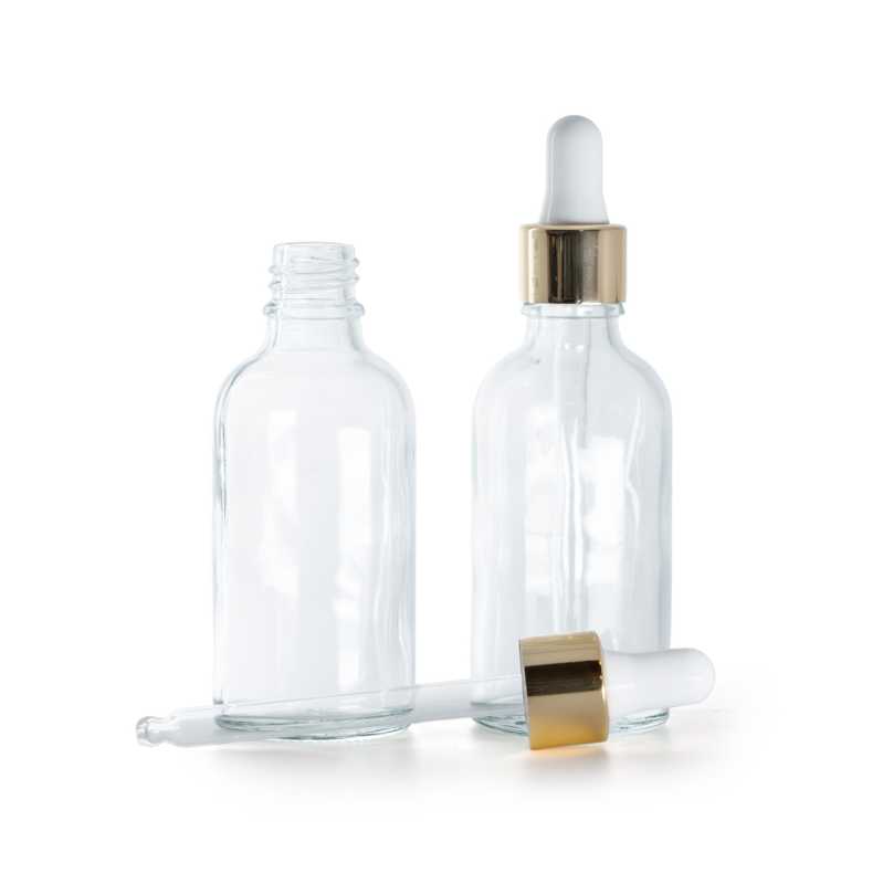 Botella de vidrio, transparente, cuentagotas blanco dorado, 30 ml