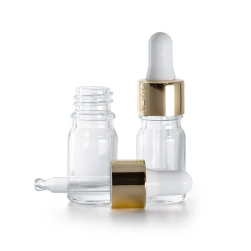 Botella de vidrio transparente, cuentagotas blanco dorado brillante, 5 ml