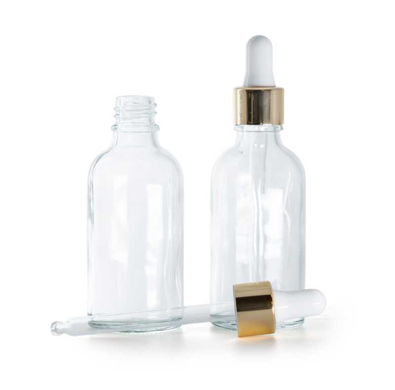 Frasco de vidrio, transparente, cuentagotas blanco dorado, 50 ml