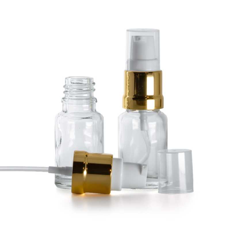 Botella de vidrio, transparente, dispensador blanco dorado brillante, 10 ml
