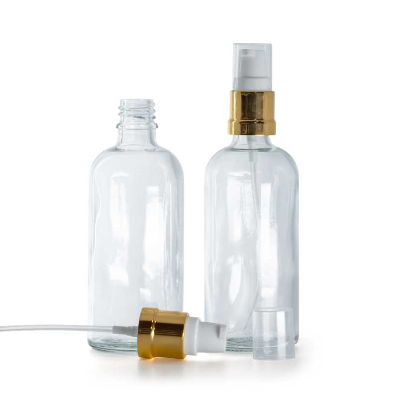 Botella de vidrio, transparente, dispensador blanco dorado brillante, 100 ml