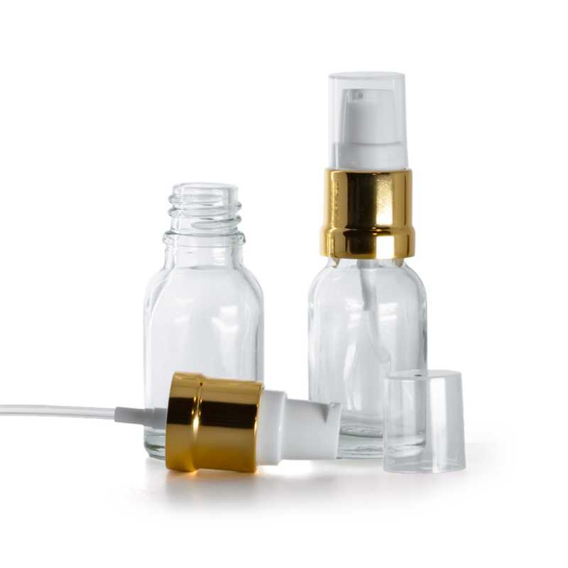 Frasco de vidrio, transparente, dispensador blanco dorado brillante, 15 ml