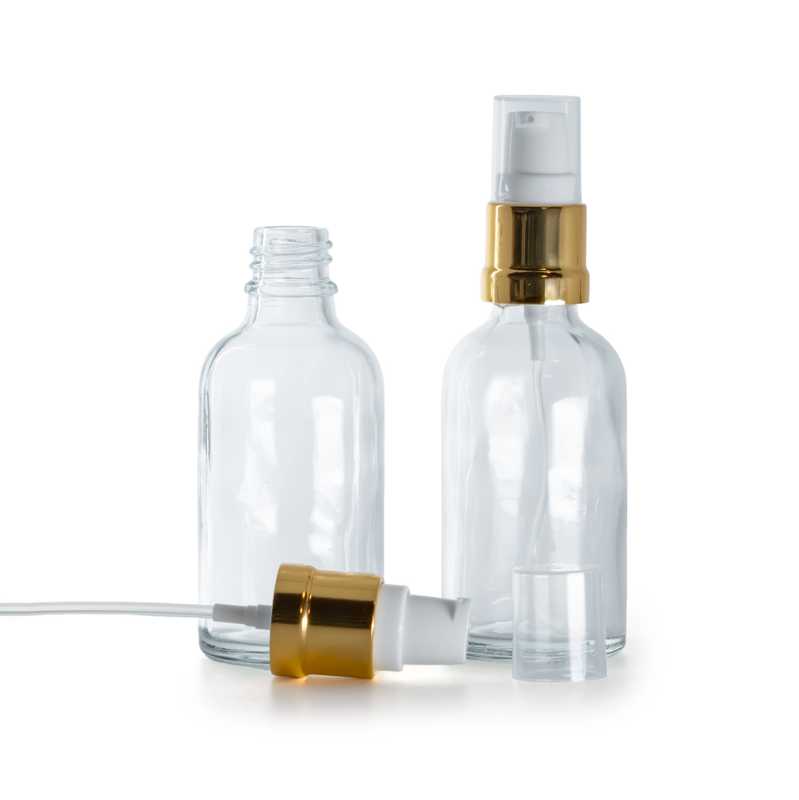Botella de vidrio, transparente, dosificador blanco dorado brillante, 30 ml