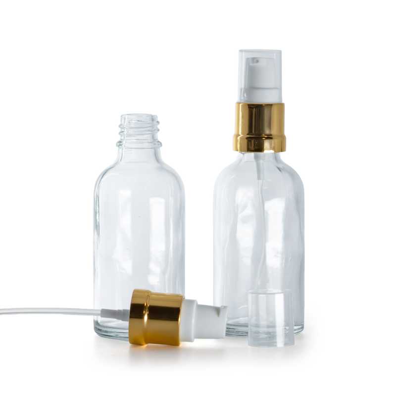 Botella de vidrio transparente, dispensador blanco dorado brillante, 50 ml