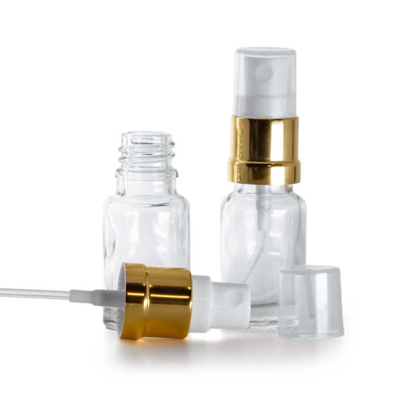 Botella de vidrio, transparente, pulverizador blanco y dorado, 10 ml