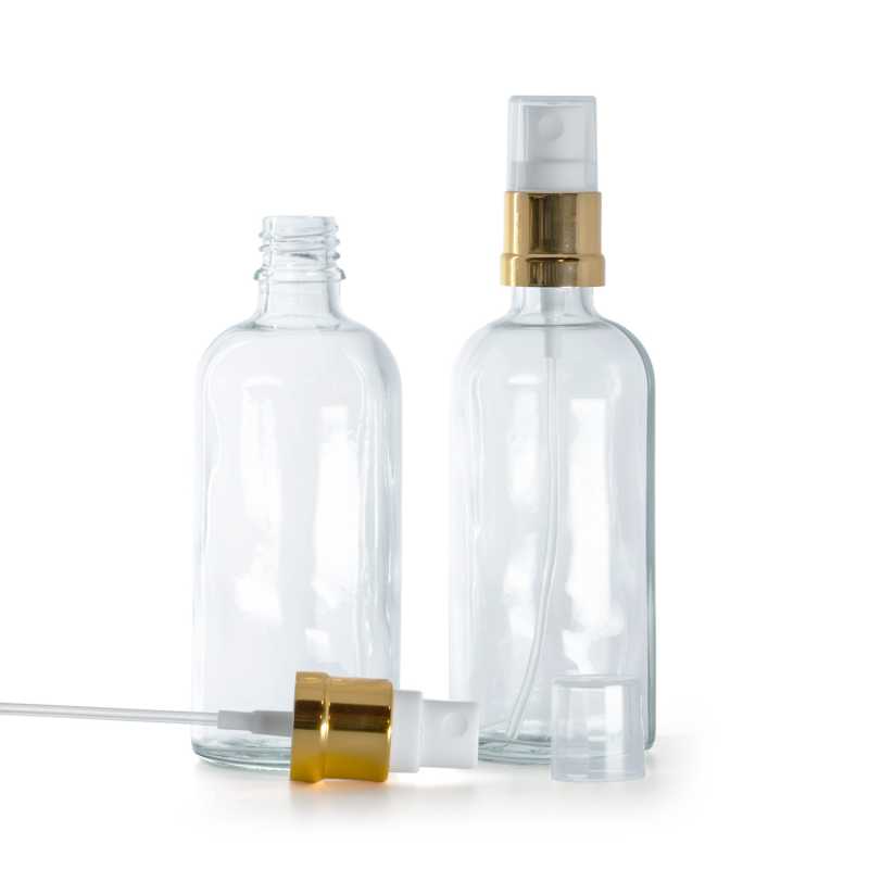 Botella de vidrio, transparente, pulverizador blanco dorado brillante, 100 ml