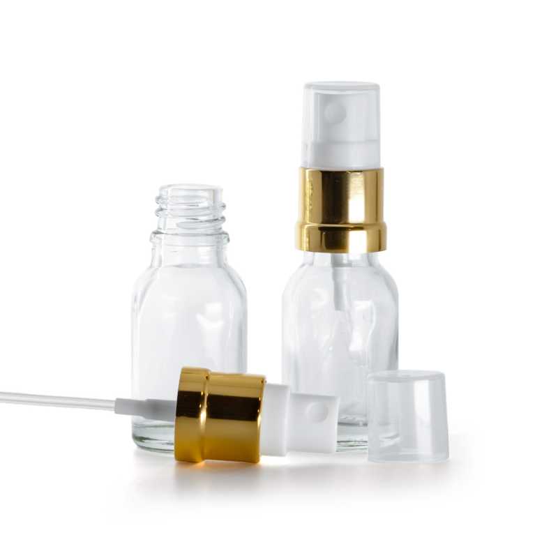 Botella de vidrio, transparente, pulverizador blanco dorado, 15 ml