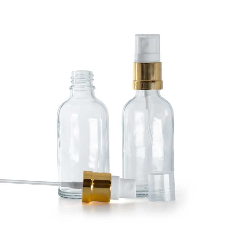 Botella de vidrio, transparente, pulverizador blanco dorado brillante, 30 ml