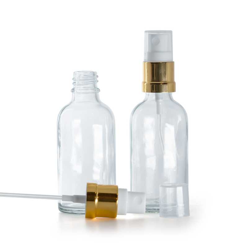 Botella de vidrio, transparente, pulverizador blanco dorado, 50 ml