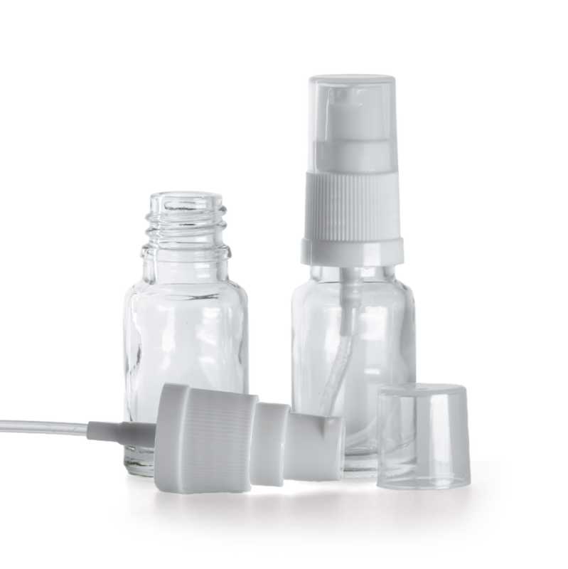 Frasco de vidrio, transparente, dosificador blanco, 10 ml