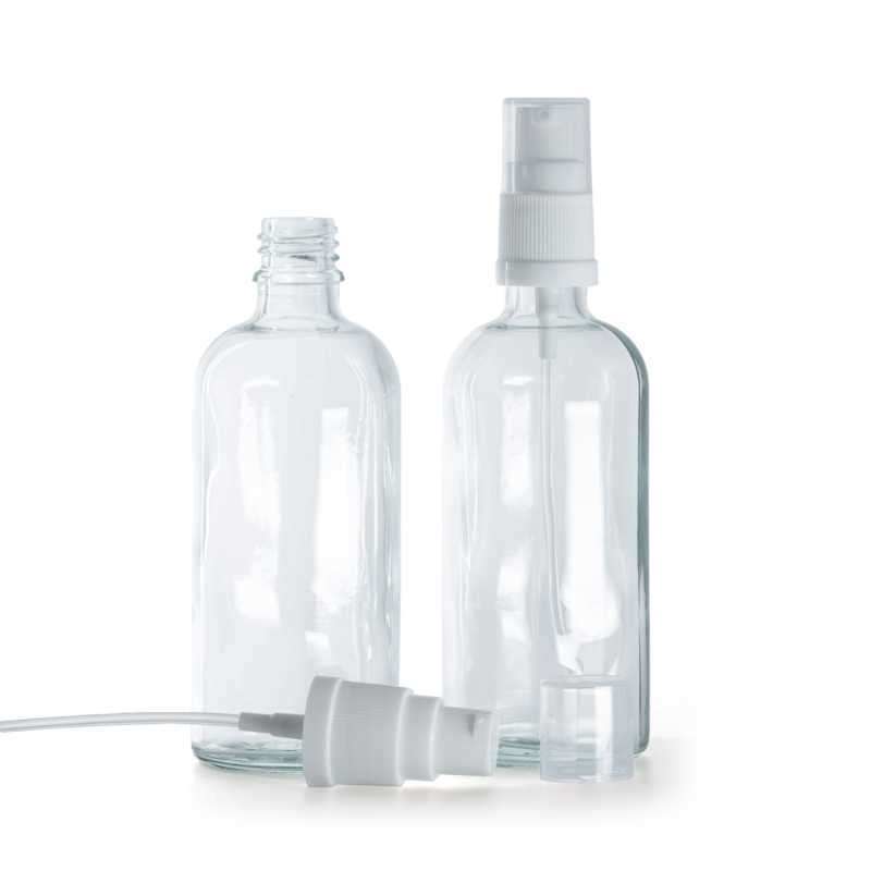 Botella de vidrio, transparente, dispensador blanco, 100 ml
