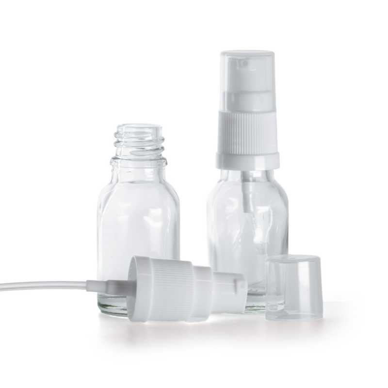 Botella de vidrio, transparente, dosificador blanco, 15 ml