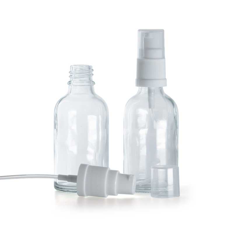 Botella de vidrio, transparente, dispensador blanco, 30 ml