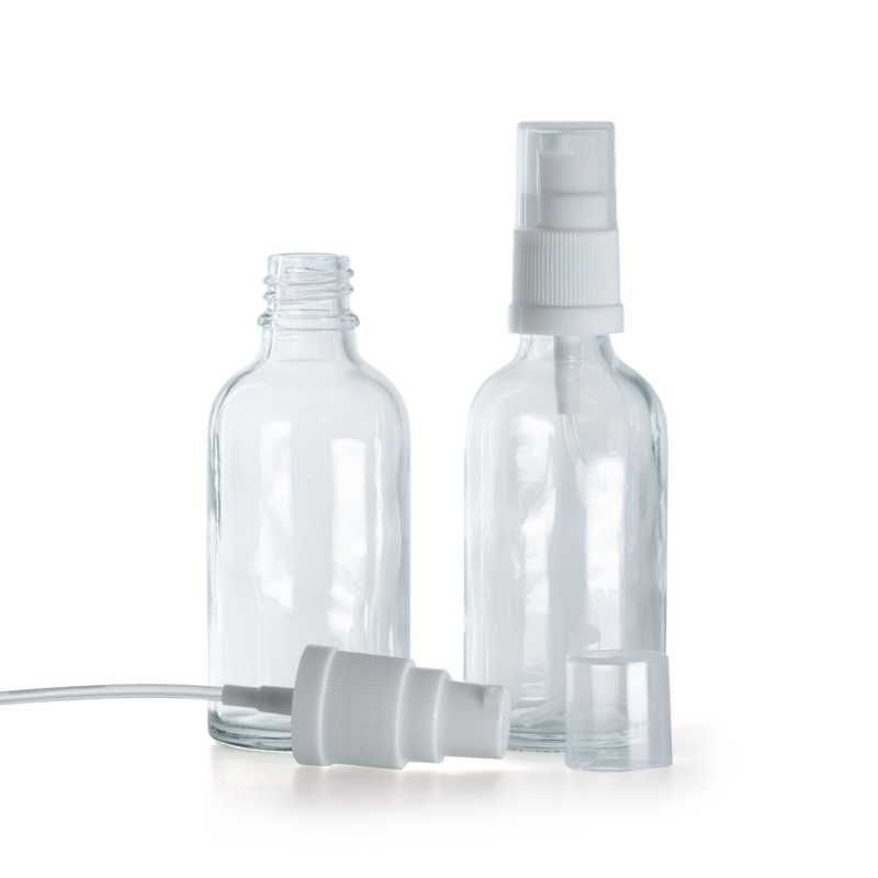 Frasco de vidrio, transparente, dosificador blanco, 50 ml