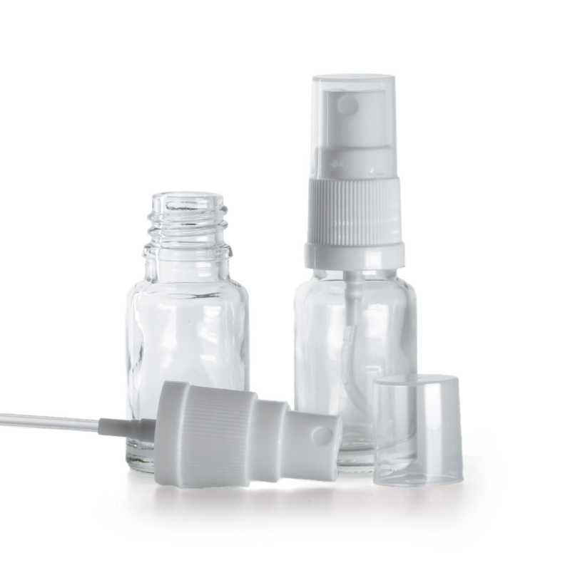 Botella de vidrio, transparente, pulverizador blanco, 10 ml