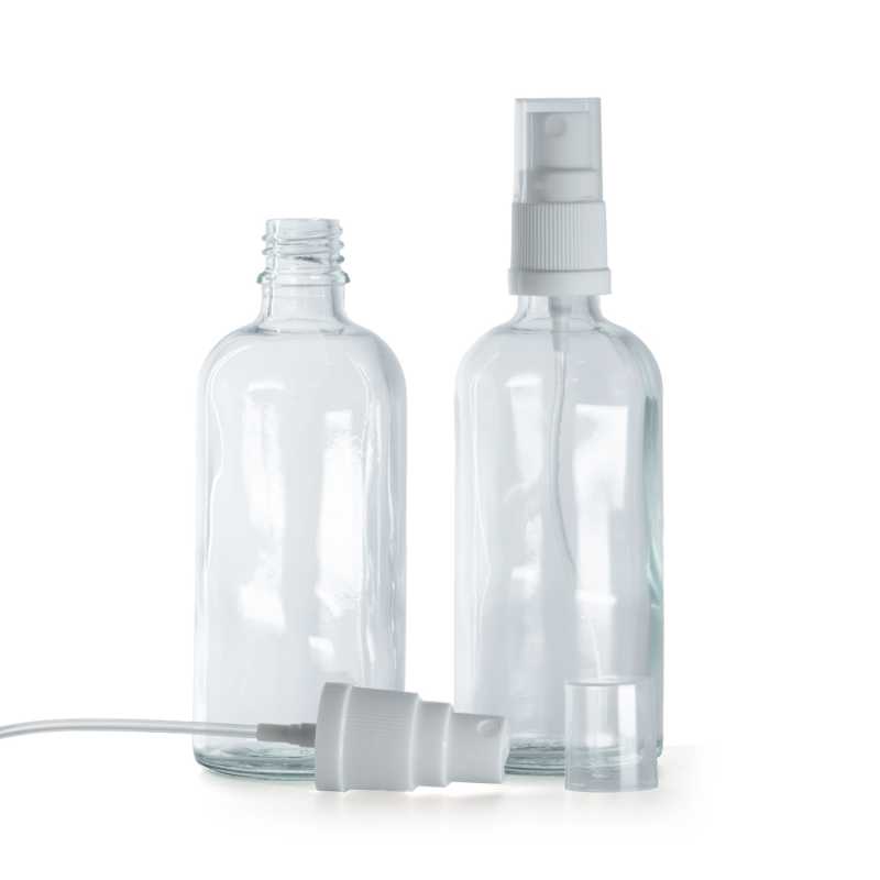 Botella de vidrio, transparente, pulverizador blanco, 100 ml