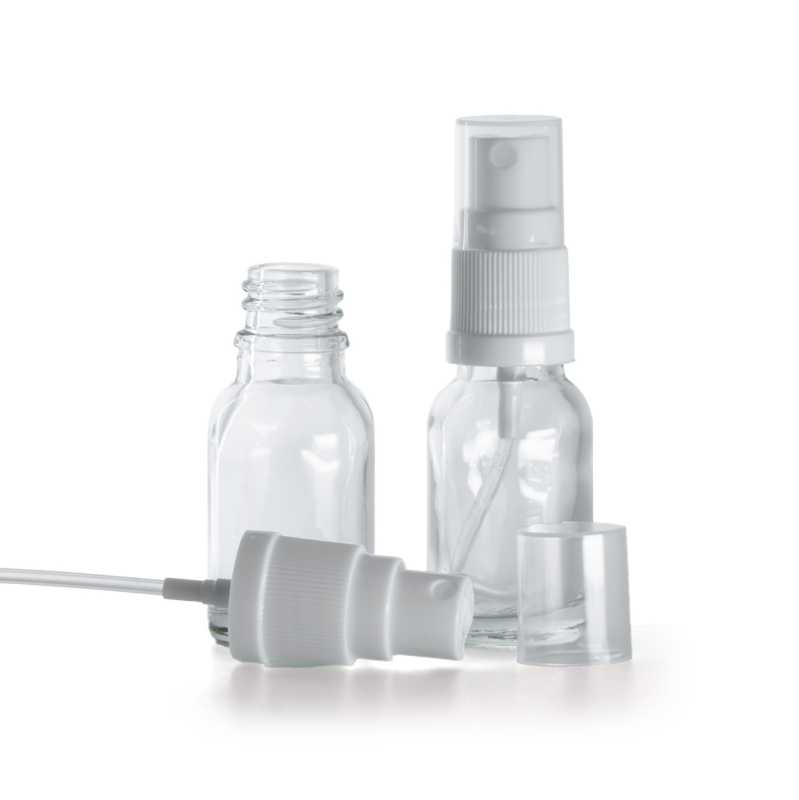 Botella de vidrio, transparente, pulverizador blanco, 15 ml