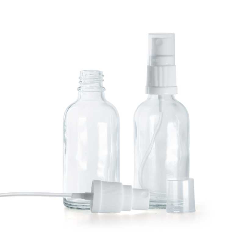 Botella de vidrio, transparente, pulverizador blanco, 50 ml