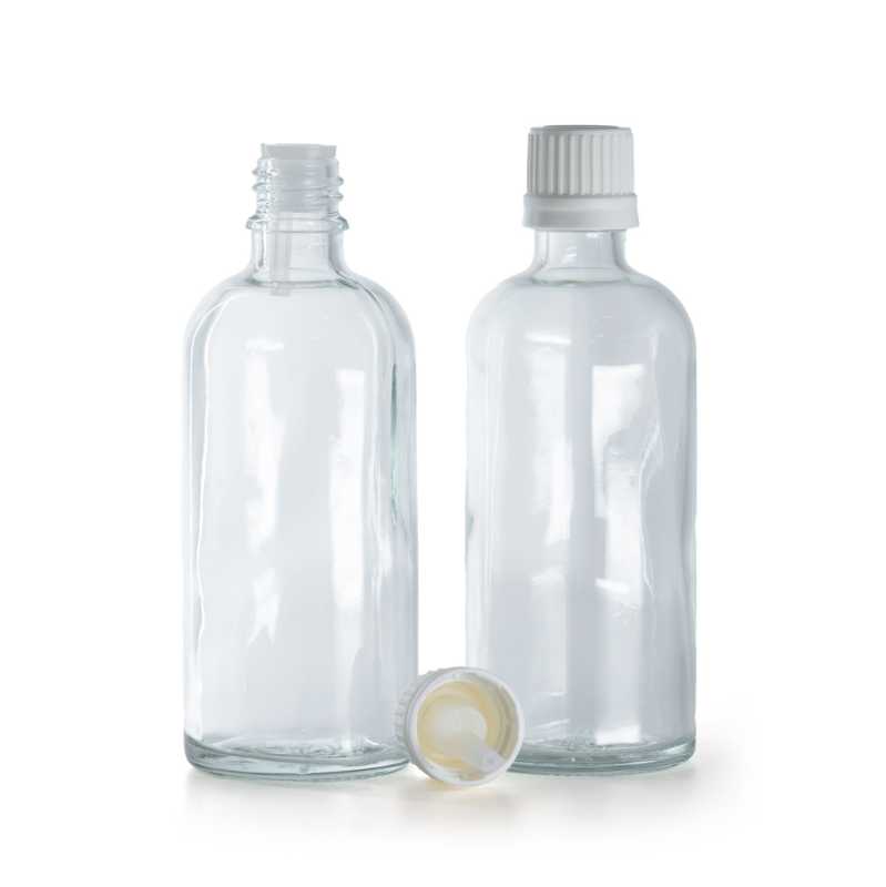 Frasco de vidrio transparente, tapón blanco inviolable con cuentagotas interior, 100 ml