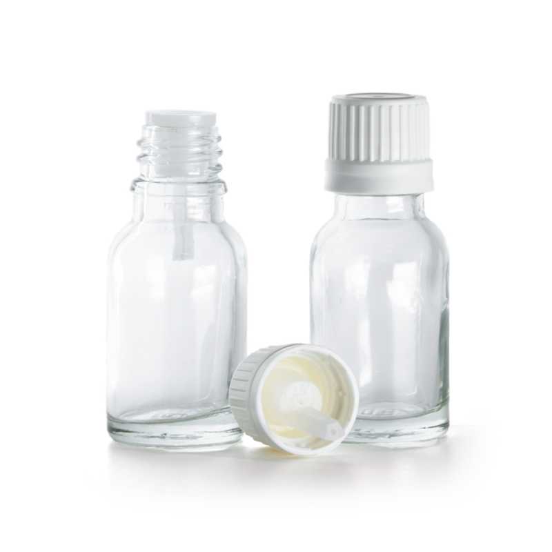Frasco de vidrio transparente, tapón cuentagotas blanco, 15 ml