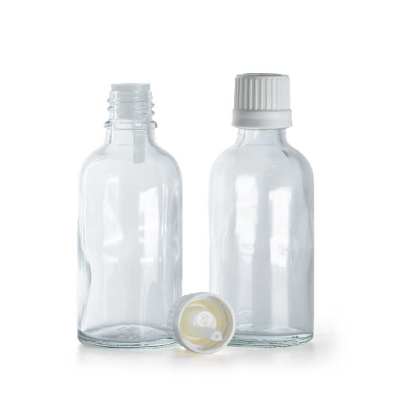 Frasco de vidrio transparente, tapón inviolable blanco con gotero interior, 30 ml