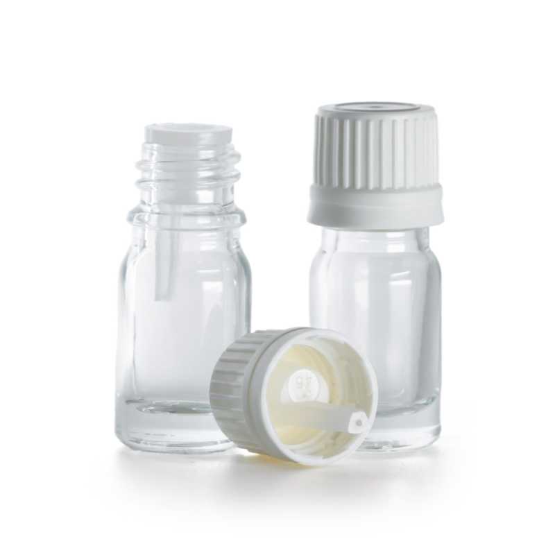 Vial de vidrio transparente, tapón blanco con gotero interior, 5 ml