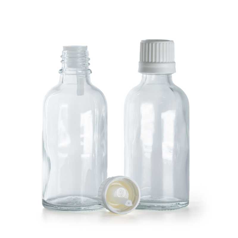 Frasco de vidrio transparente, tapón blanco con cuentagotas, 50 ml