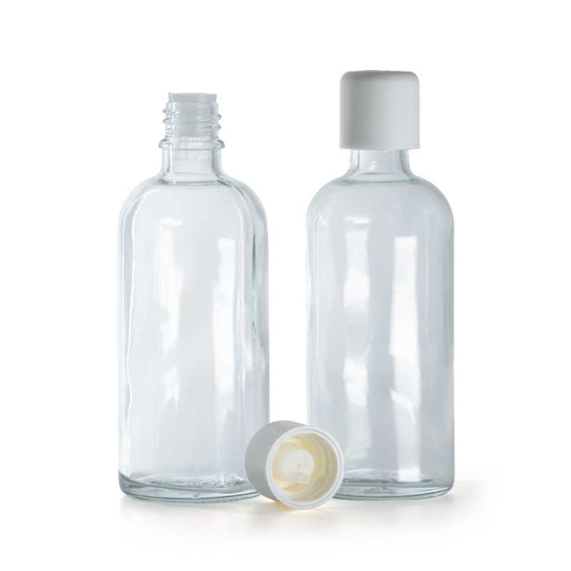 Botella de vidrio, transparente, tapón de seguridad blanco con cuentagotas, 100 ml