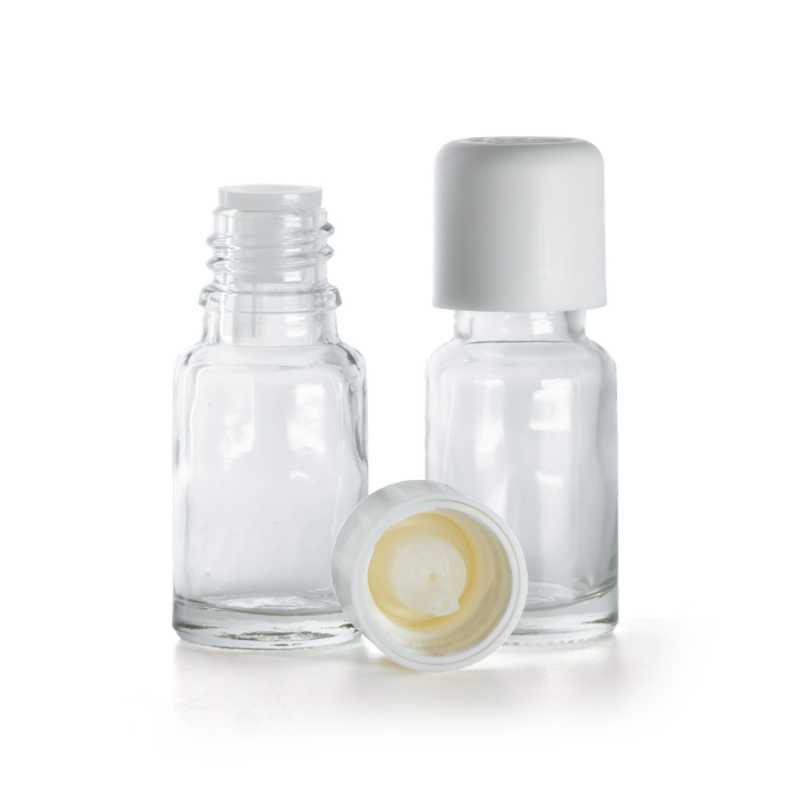 Botella de vidrio, transparente, tapón de seguridad blanco con cuentagotas, 10 ml