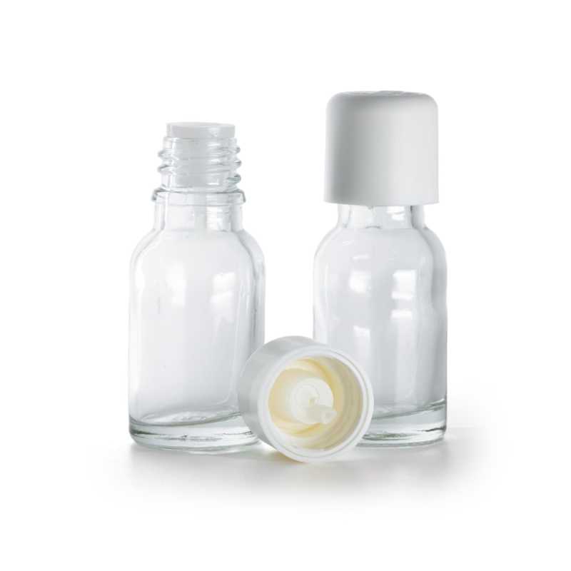 Botella de vidrio, transparente, tapón de seguridad blanco con cuentagotas, 15 ml