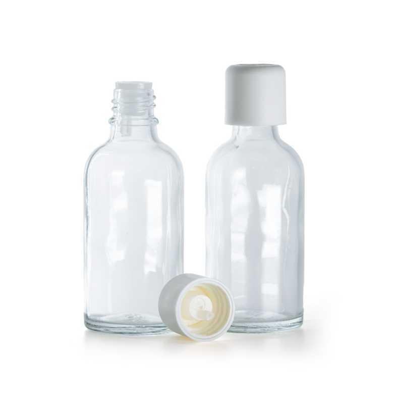 Frasco de vidrio, transparente, tapón cuentagotas de seguridad blanco, 30 ml