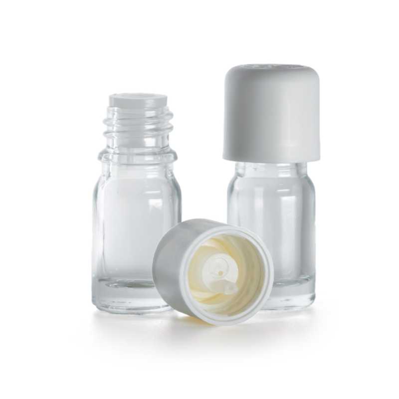 Botella de vidrio, transparente, tapón de seguridad blanco con cuentagotas, 5 ml