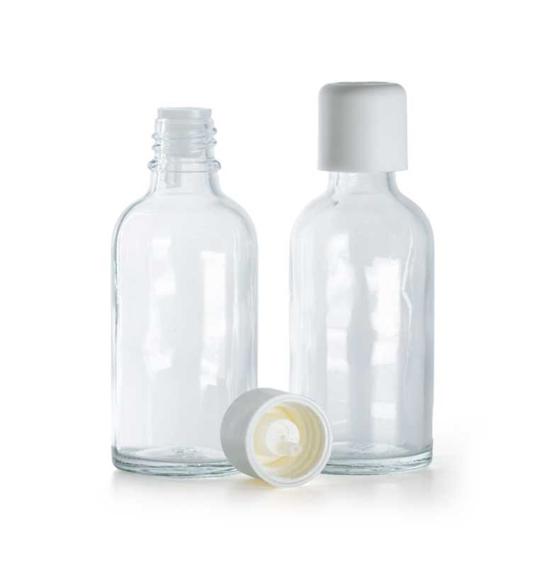 Botella de vidrio transparente, tapón de seguridad blanco con cuentagotas, 50 ml