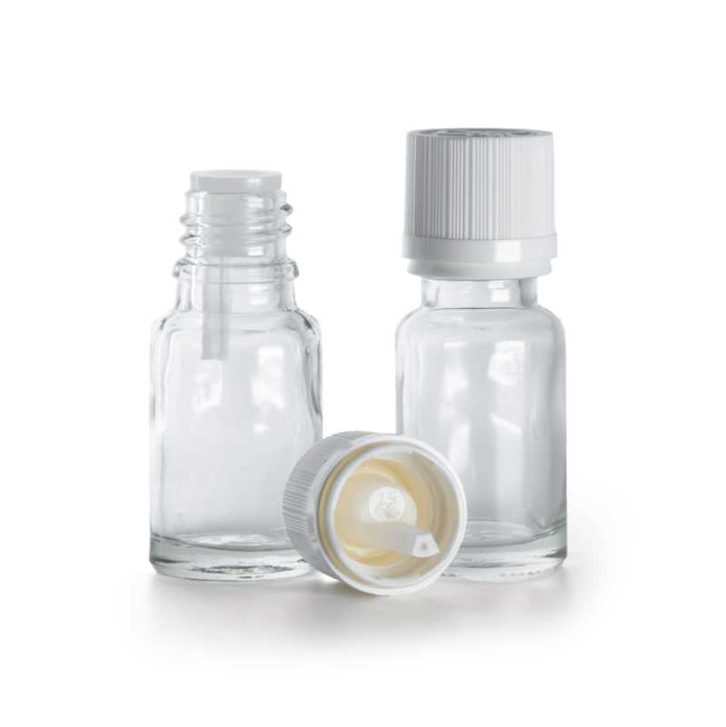 Botella de vidrio, transparente, tapón de seguridad blanco con precinto y cuentagotas, 10 ml